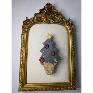 Vintage Wooden Christmas Tree Brooch Rustic Primitive Button Jute Holiday Pin